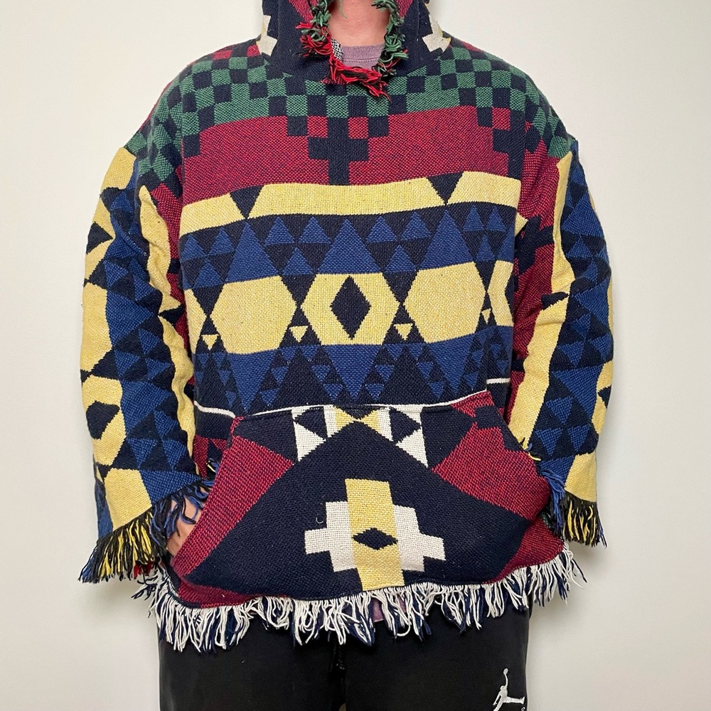 Reworked Upcycled tapestry hoodie with southwestern pattern and fringe detail